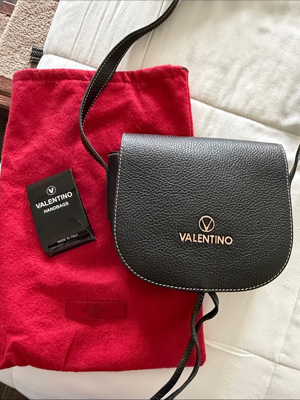 Valentino Black Leather Crossbody with RoseGold Logo Accent